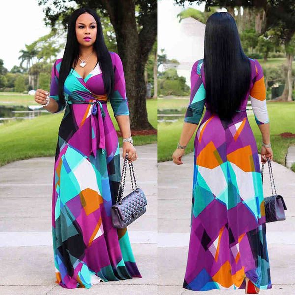 casual dresses fashion v-neck middle sleeve square print bandage floor sweeping large women's long dresses, Black;gray
